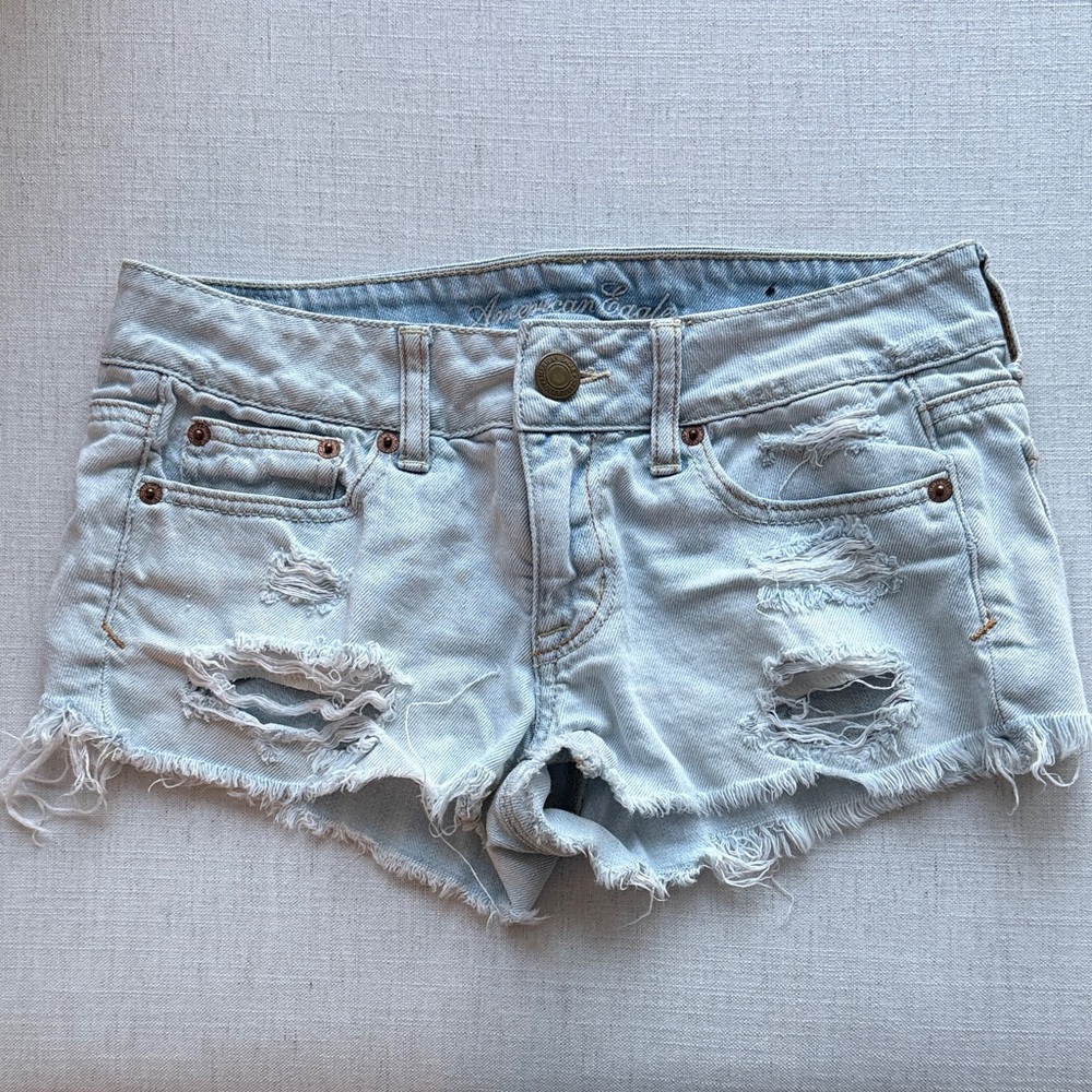 AEO Light Blue Distressed Jean Short Shorts